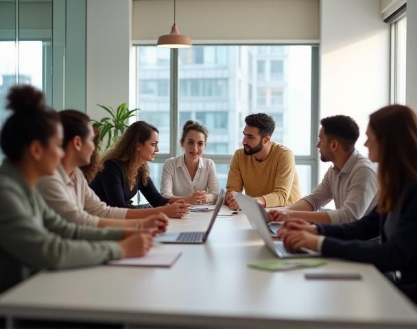 A diverse group of professionals collaborating around a table, symbolizing teamwork and consultation.