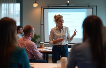 A trainer leading a group discussion during a workshop session.