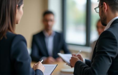 A professional taking notes while interviewing a candidate, representing interviewer training.